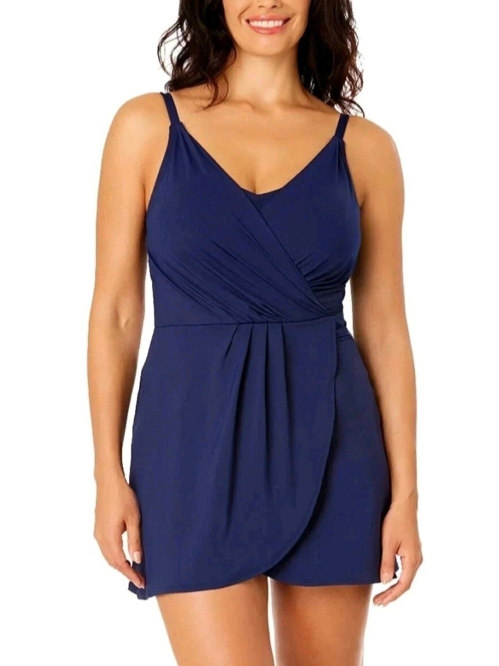 Lands End Swimsuit Surplice Navy Blue Skirted One Piece Resort Beachwear Fit